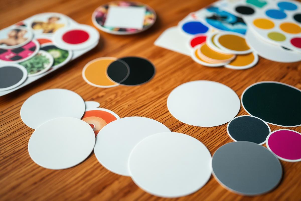 Adesivos e etiquetas personalizados impressos sobre mesa de madeira