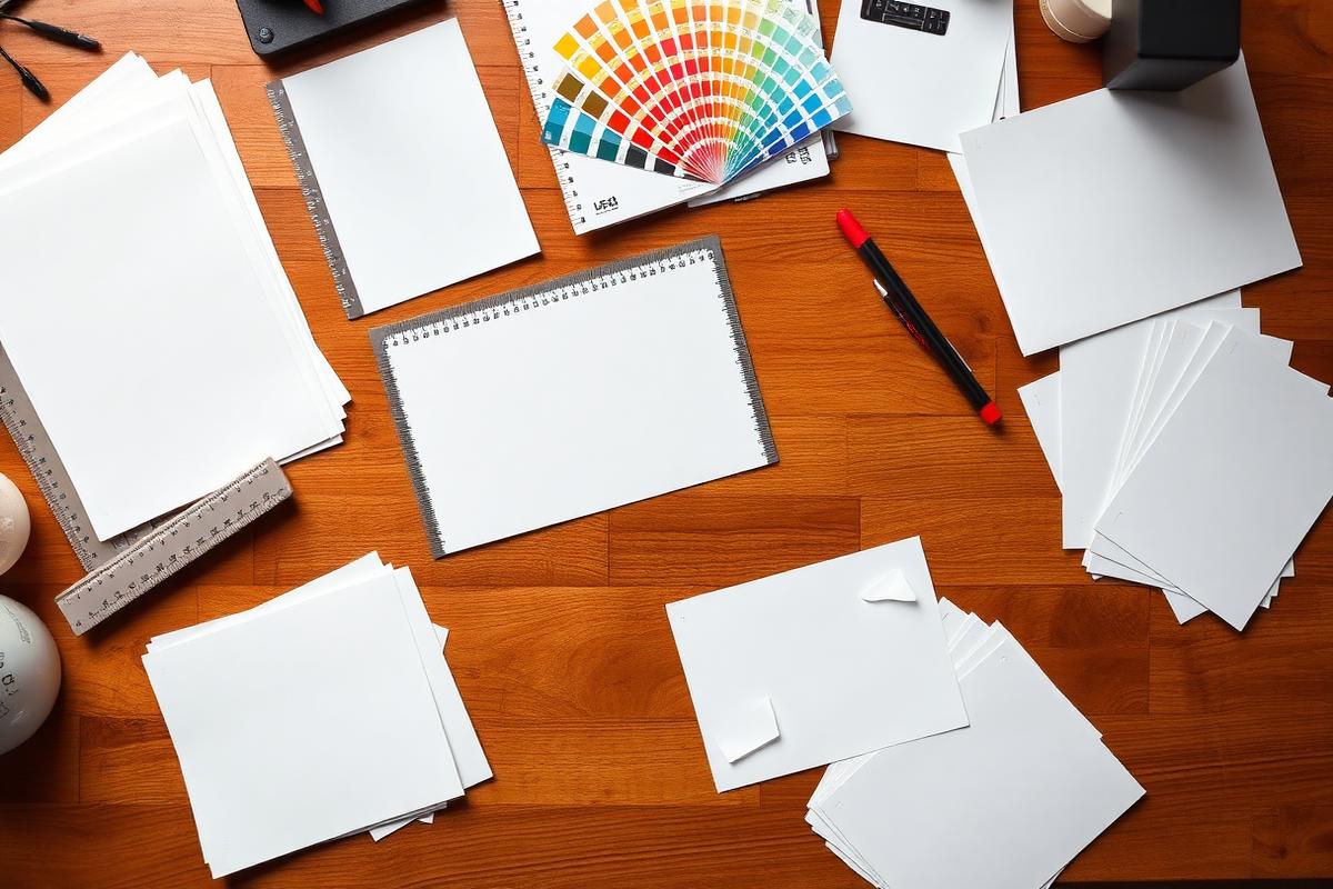 Mesa de trabalho com provas de impressão, escala de cores e materiais gráficos